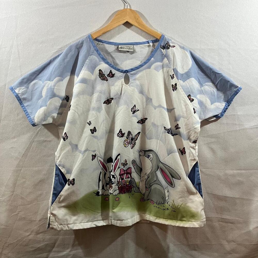 Uniform Advantage UA Scrubs Easter Bunny Butterfly Print Top Blue White XL